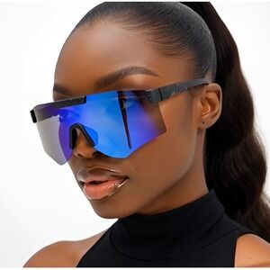 Sunglasses Blue Mirrored Lens Sport Rimless Oversized Beach Fishing Gafas Women